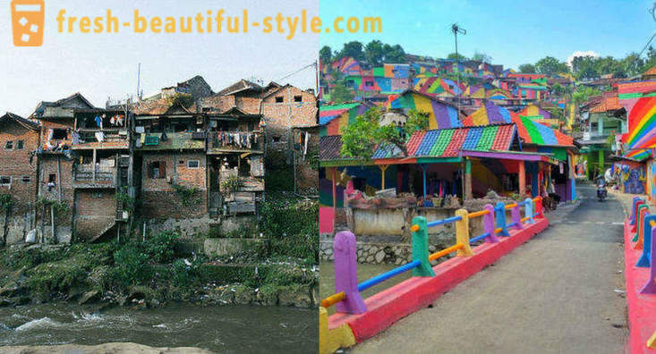 Casas na vila indonésia pintada em todas as cores do arco-íris